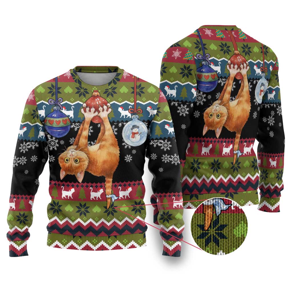 Cat Hanging on Xmas Tree Christmas Ugly Christmas Sweater Xmas Holiday Patterns - Wonder Print Shop