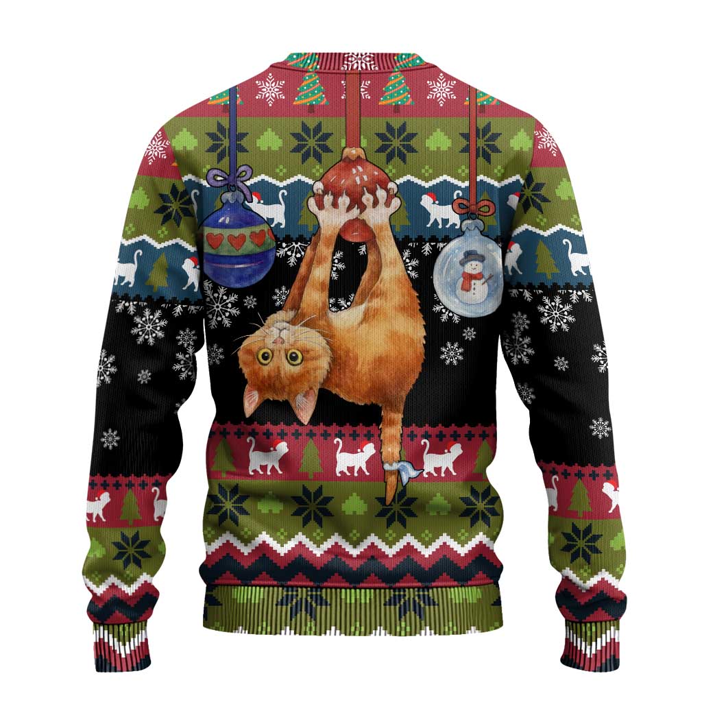 Cat Hanging on Xmas Tree Christmas Ugly Christmas Sweater Xmas Holiday Patterns - Wonder Print Shop