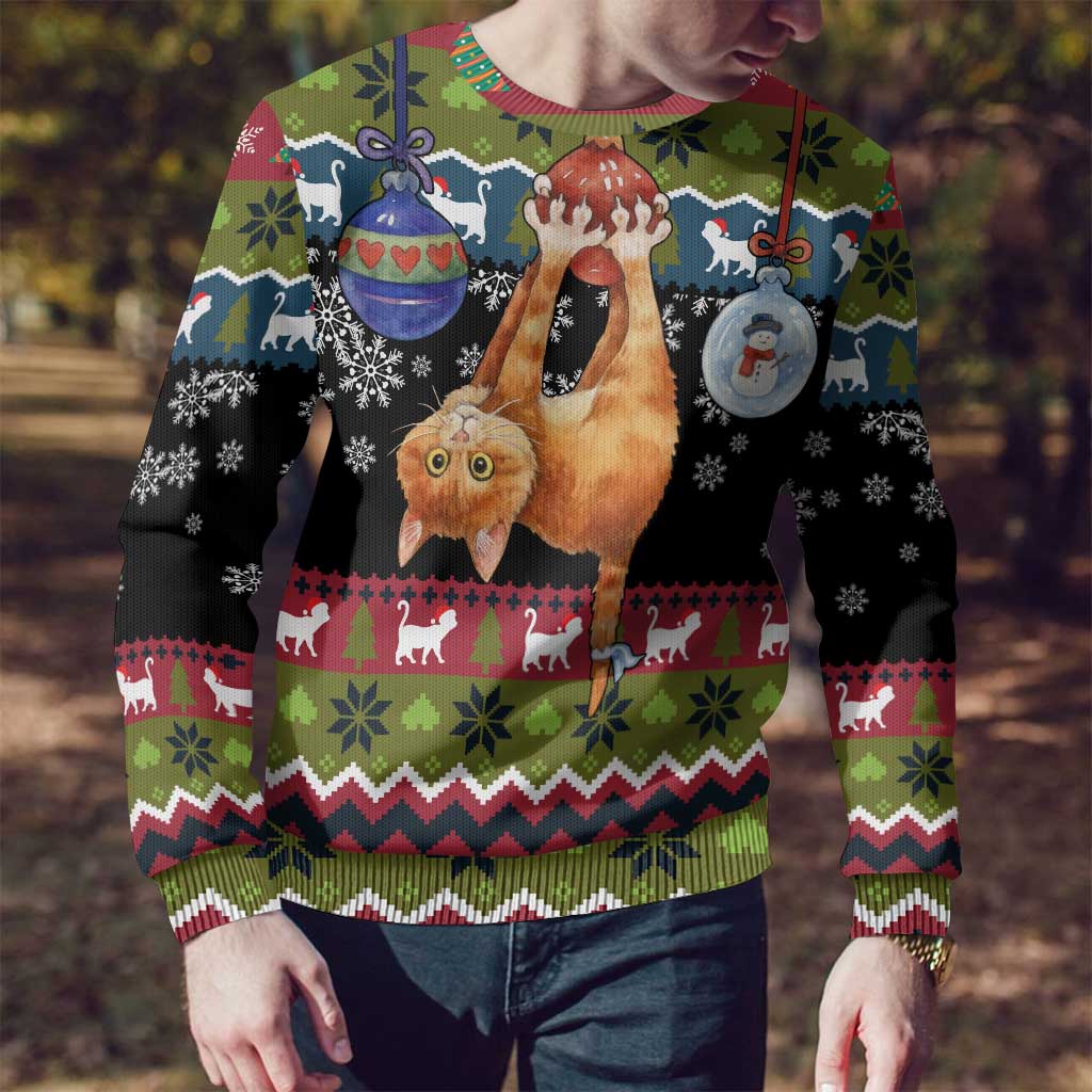Cat Hanging on Xmas Tree Christmas Ugly Christmas Sweater Xmas Holiday Patterns - Wonder Print Shop