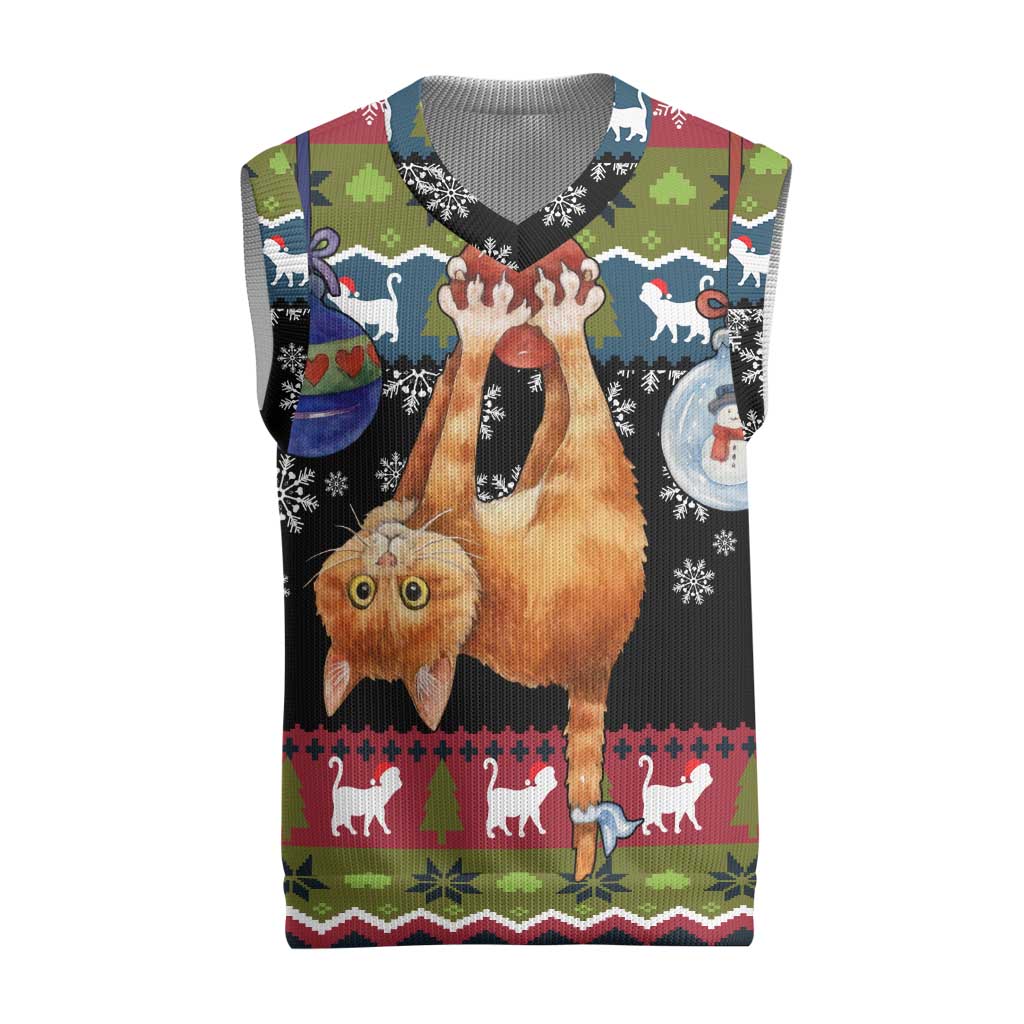 Cat Hanging on Xmas Tree Christmas Knitted V-Neck Vest Xmas Holiday Patterns - Wonder Print Shop