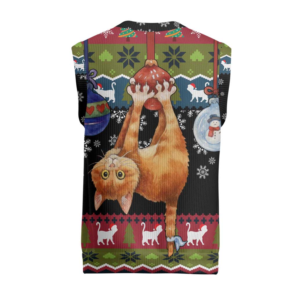 Cat Hanging on Xmas Tree Christmas Knitted V-Neck Vest Xmas Holiday Patterns - Wonder Print Shop