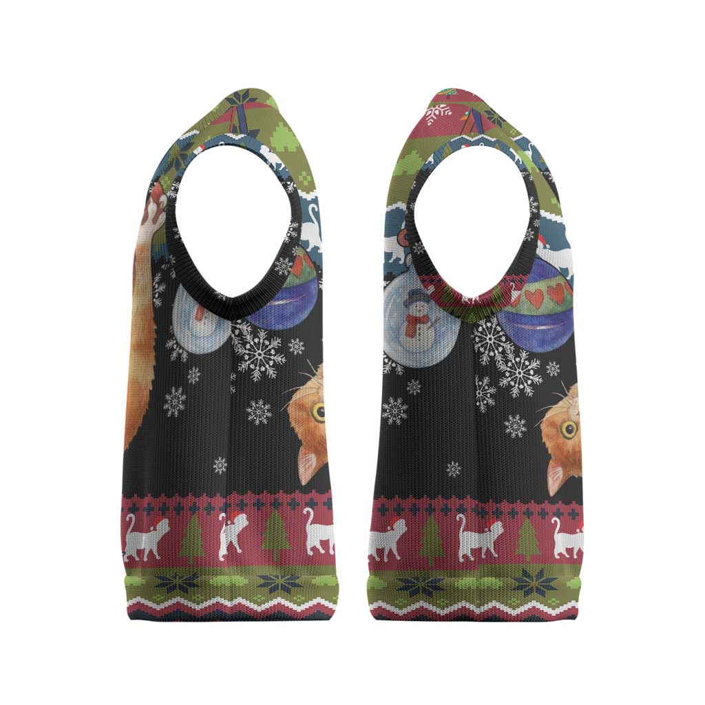 Cat Hanging on Xmas Tree Christmas Knitted V-Neck Vest Xmas Holiday Patterns - Wonder Print Shop