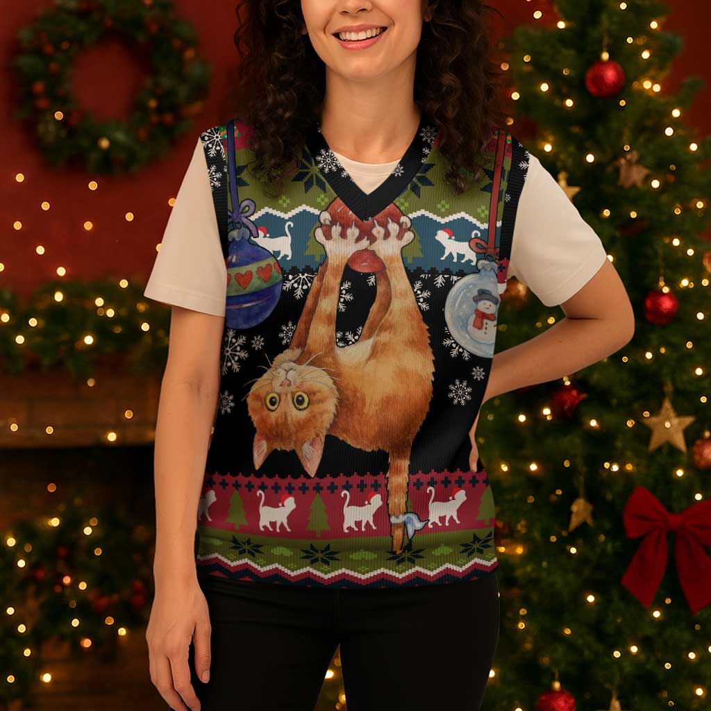 Cat Hanging on Xmas Tree Christmas Knitted V-Neck Vest Xmas Holiday Patterns - Wonder Print Shop
