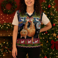 Cat Hanging on Xmas Tree Christmas Knitted V-Neck Vest Xmas Holiday Patterns - Wonder Print Shop