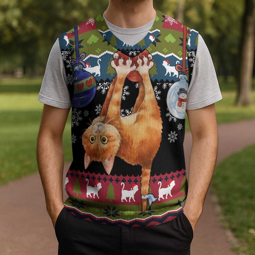 Cat Hanging on Xmas Tree Christmas Knitted V-Neck Vest Xmas Holiday Patterns - Wonder Print Shop