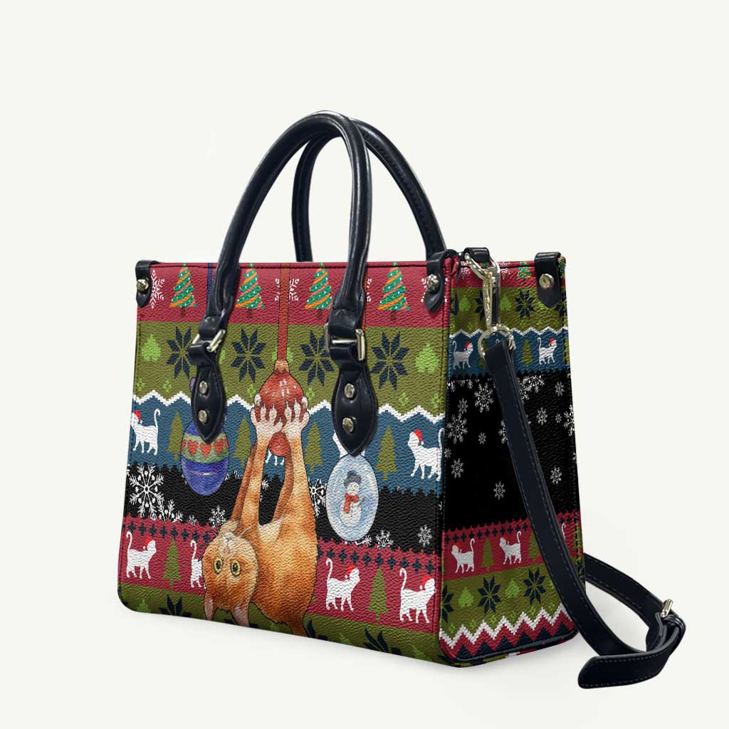 Cat Hanging on Xmas Tree Christmas Leather Bag Xmas Holiday Patterns - Wonder Print Shop