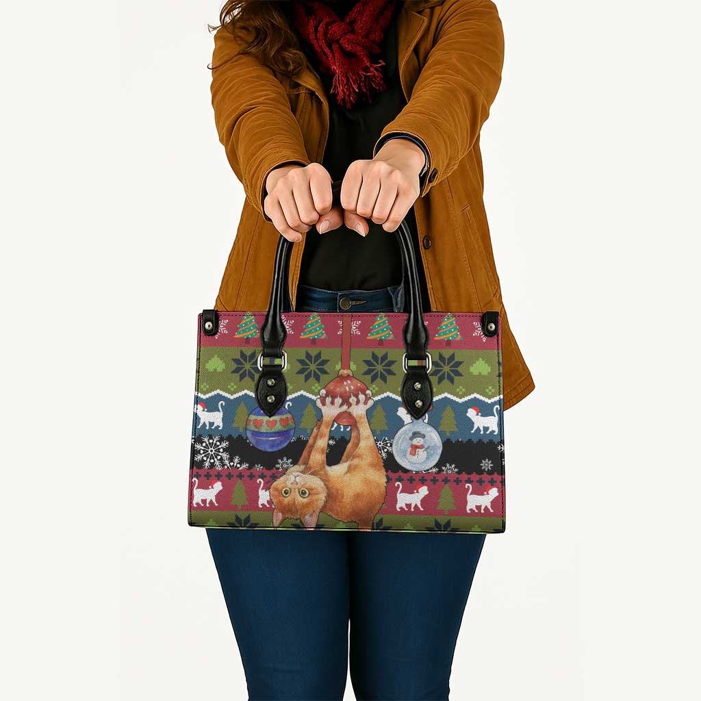 Cat Hanging on Xmas Tree Christmas Leather Bag Xmas Holiday Patterns - Wonder Print Shop