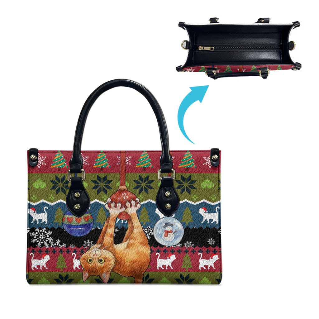 Cat Hanging on Xmas Tree Christmas Leather Bag Xmas Holiday Patterns - Wonder Print Shop