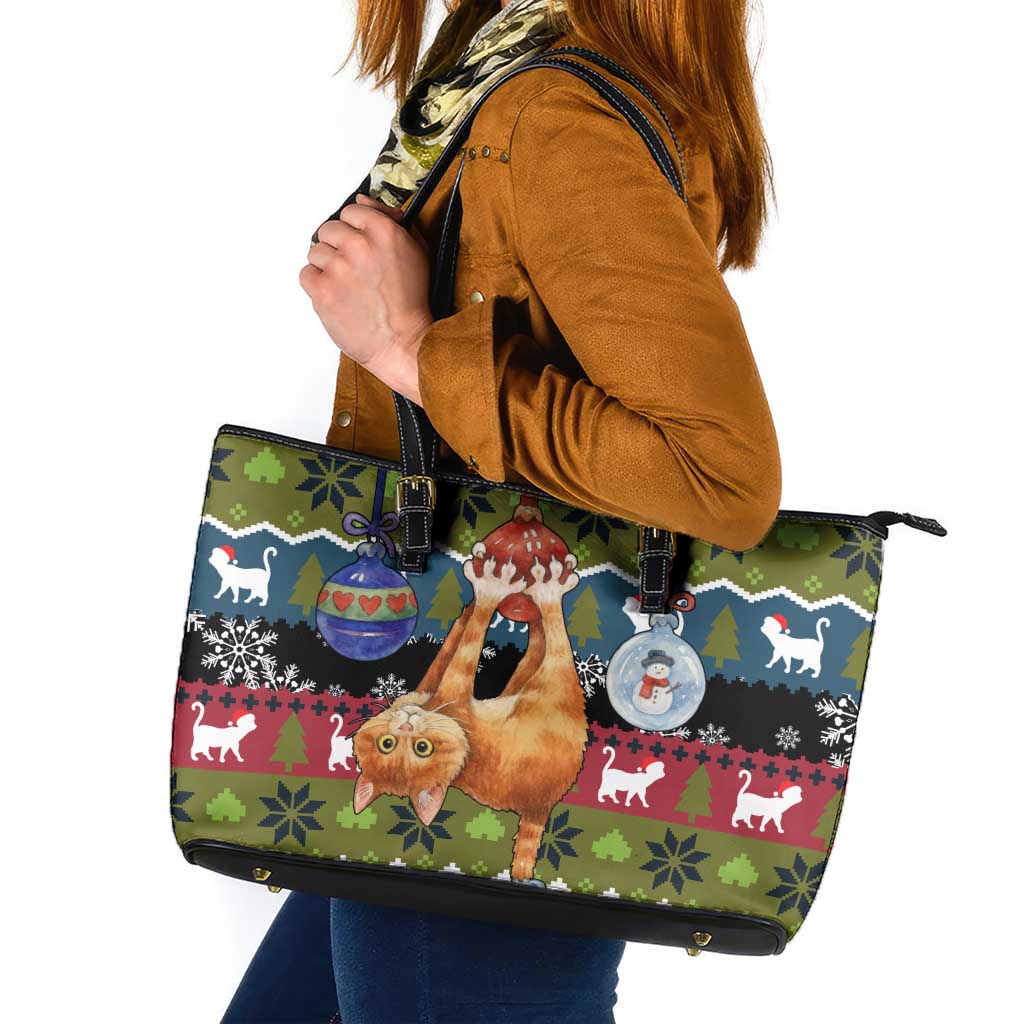 Cat Hanging on Xmas Tree Christmas Leather Tote Bag Xmas Holiday Patterns - Wonder Print Shop