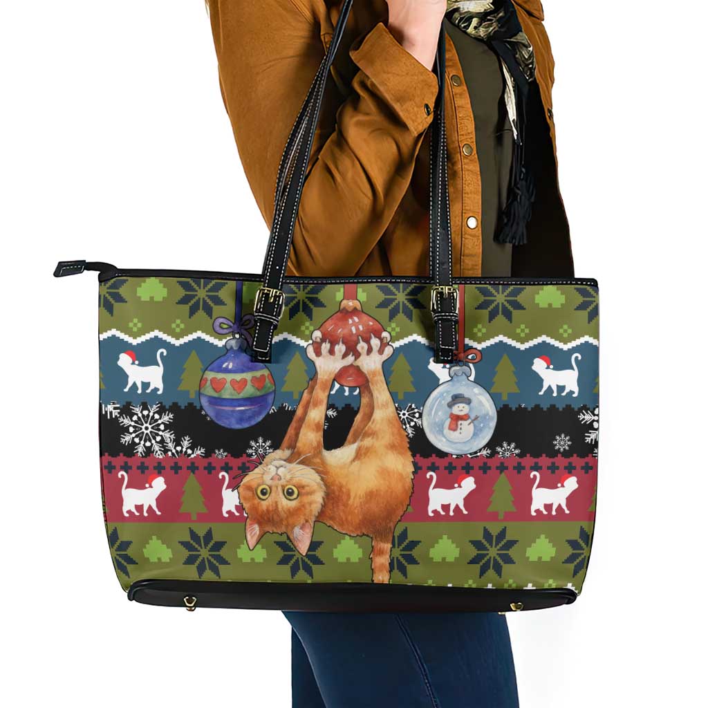 Cat Hanging on Xmas Tree Christmas Leather Tote Bag Xmas Holiday Patterns - Wonder Print Shop