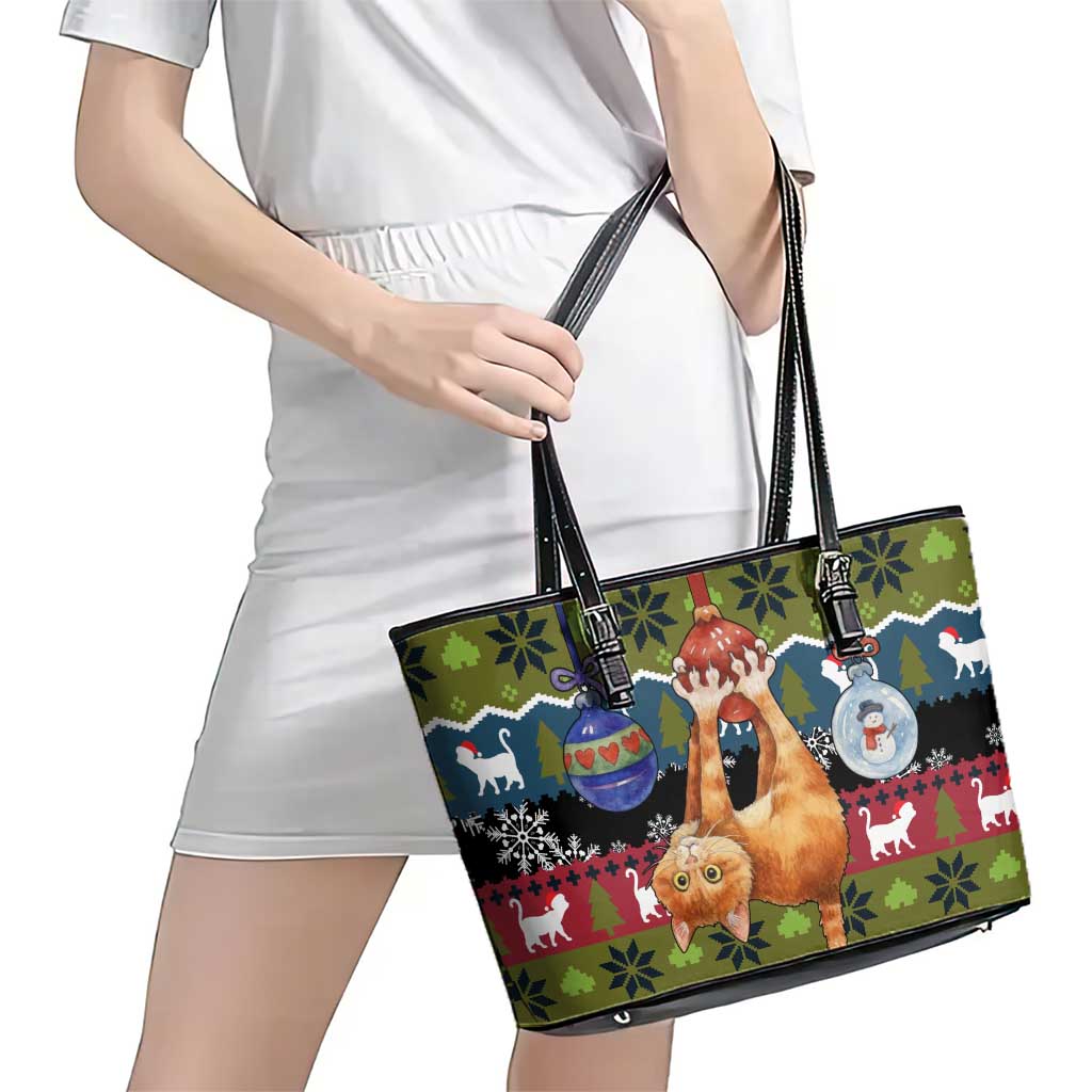 Cat Hanging on Xmas Tree Christmas Leather Tote Bag Xmas Holiday Patterns - Wonder Print Shop
