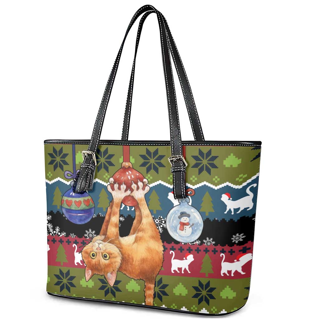 Cat Hanging on Xmas Tree Christmas Leather Tote Bag Xmas Holiday Patterns - Wonder Print Shop