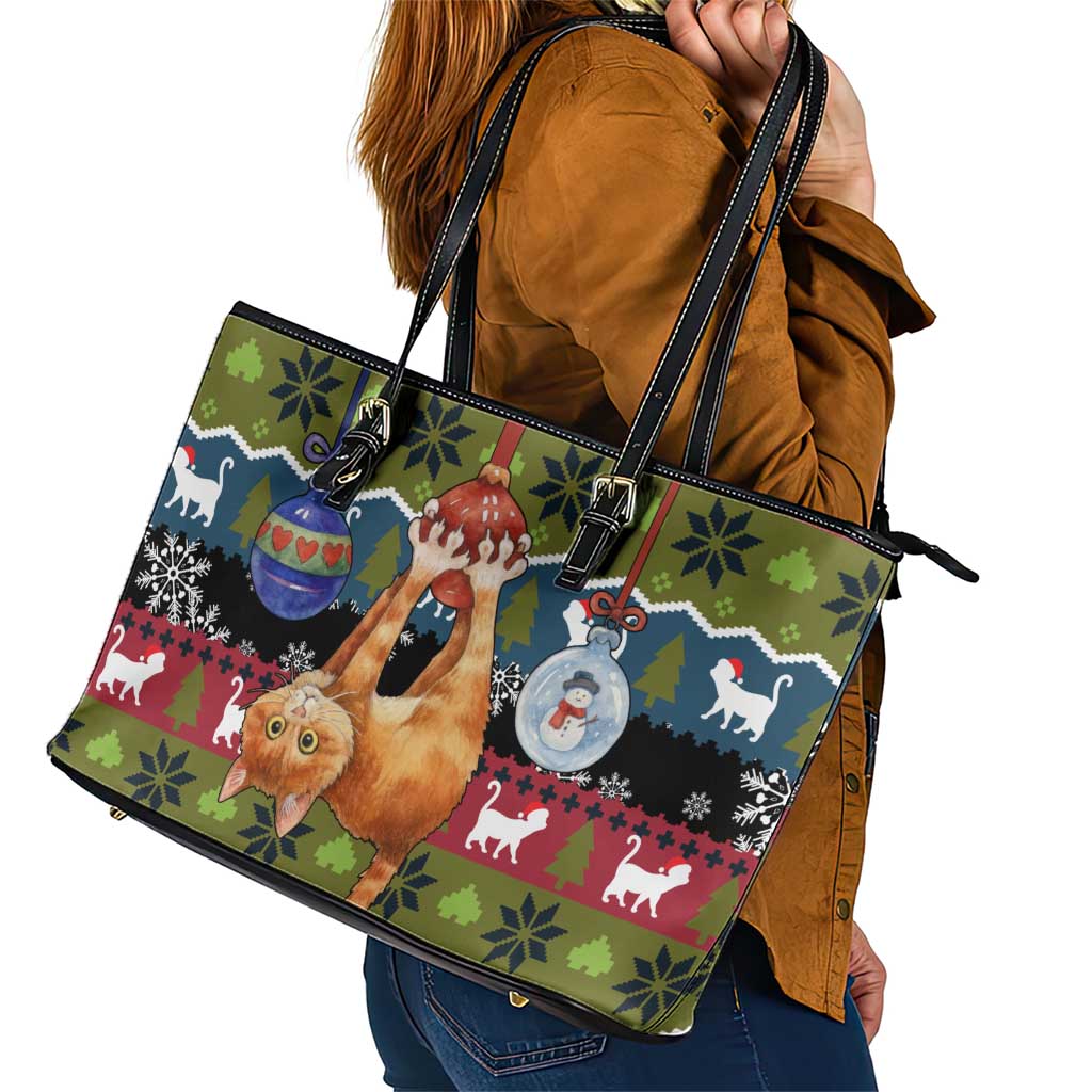 Cat Hanging on Xmas Tree Christmas Leather Tote Bag Xmas Holiday Patterns - Wonder Print Shop