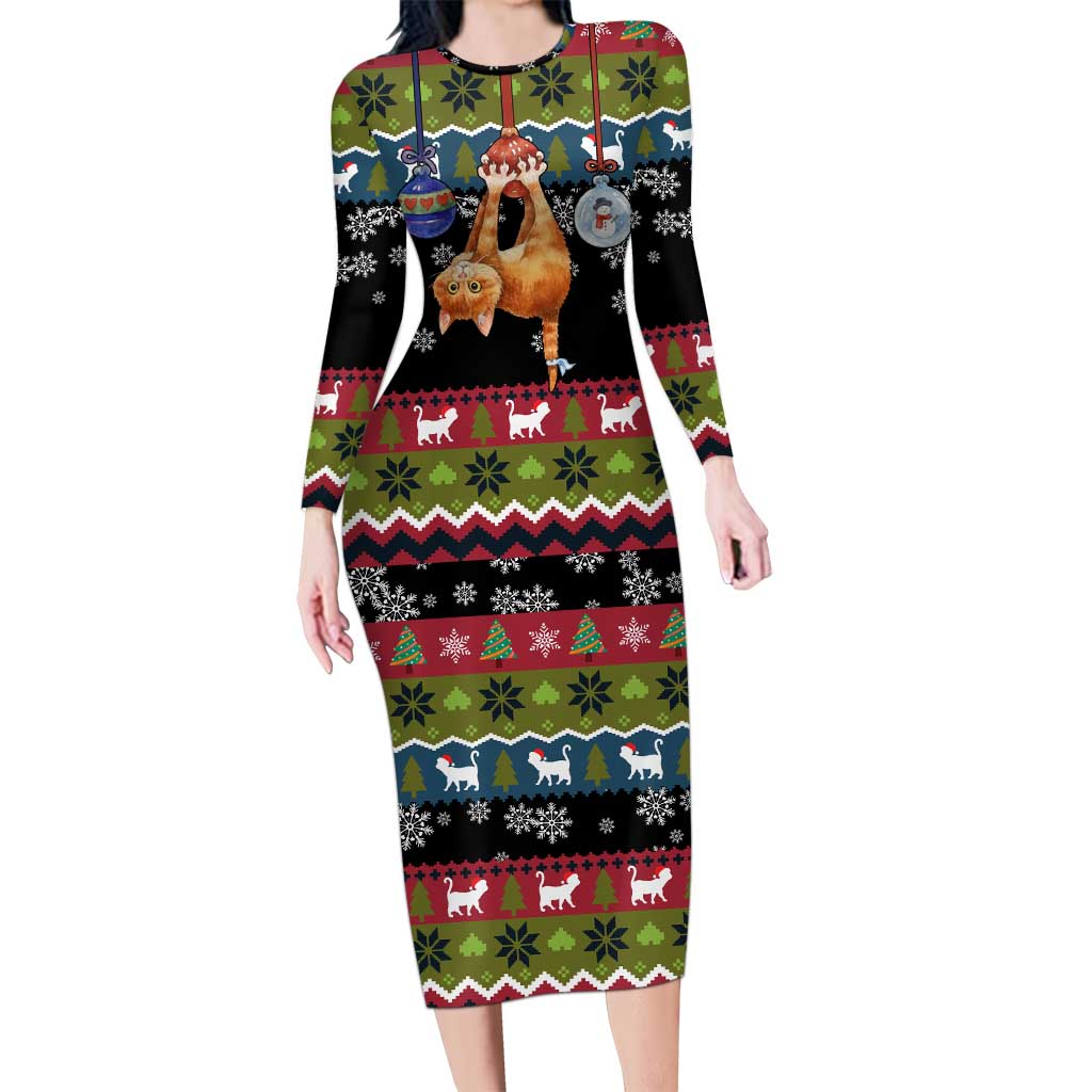 Cat Hanging on Xmas Tree Christmas Long Sleeve Bodycon Dress Xmas Holiday Patterns - Wonder Print Shop