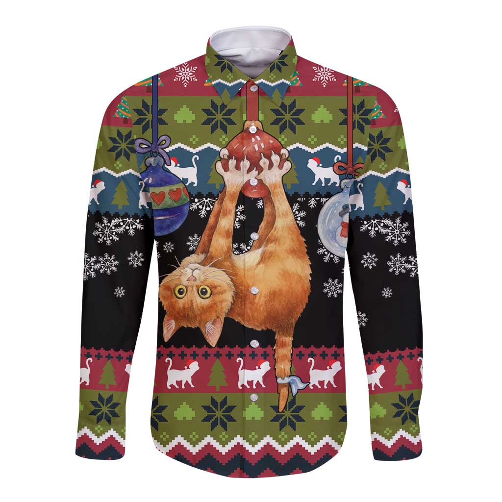 Cat Hanging on Xmas Tree Christmas Long Sleeve Button Shirt Xmas Holiday Patterns - Wonder Print Shop