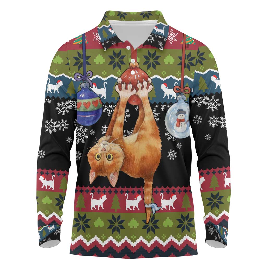 Cat Hanging on Xmas Tree Christmas Long Sleeve Polo Shirt Xmas Holiday Patterns - Wonder Print Shop