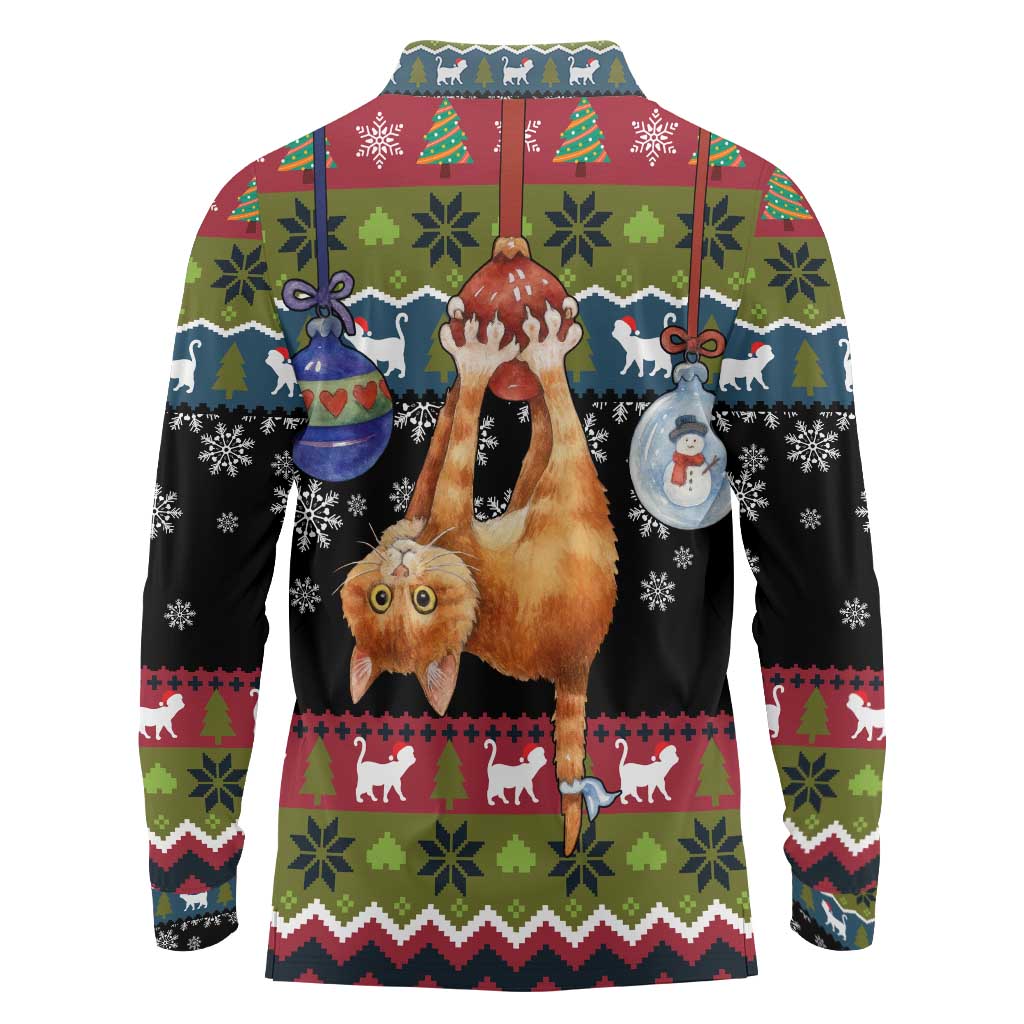 Cat Hanging on Xmas Tree Christmas Long Sleeve Polo Shirt Xmas Holiday Patterns - Wonder Print Shop