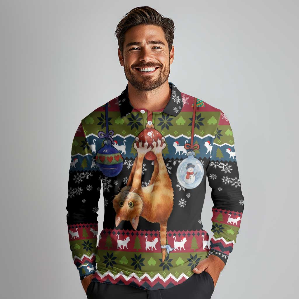 Cat Hanging on Xmas Tree Christmas Long Sleeve Polo Shirt Xmas Holiday Patterns - Wonder Print Shop
