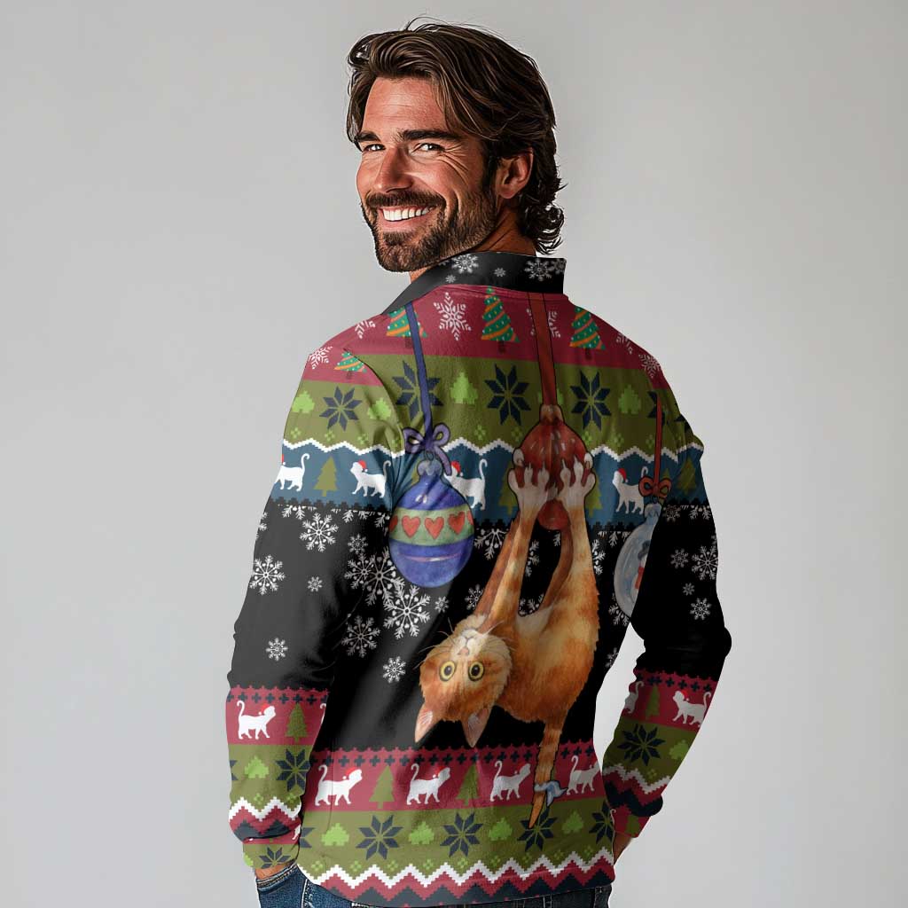 Cat Hanging on Xmas Tree Christmas Long Sleeve Polo Shirt Xmas Holiday Patterns - Wonder Print Shop
