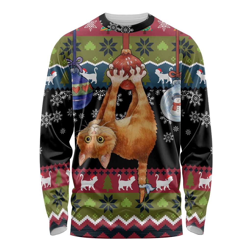 Cat Hanging on Xmas Tree Christmas Long Sleeve Shirt Xmas Holiday Patterns - Wonder Print Shop