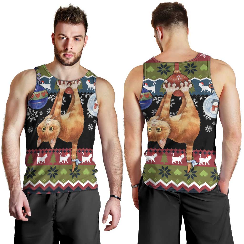 Cat Hanging on Xmas Tree Christmas Men Tank Top Xmas Holiday Patterns - Wonder Print Shop