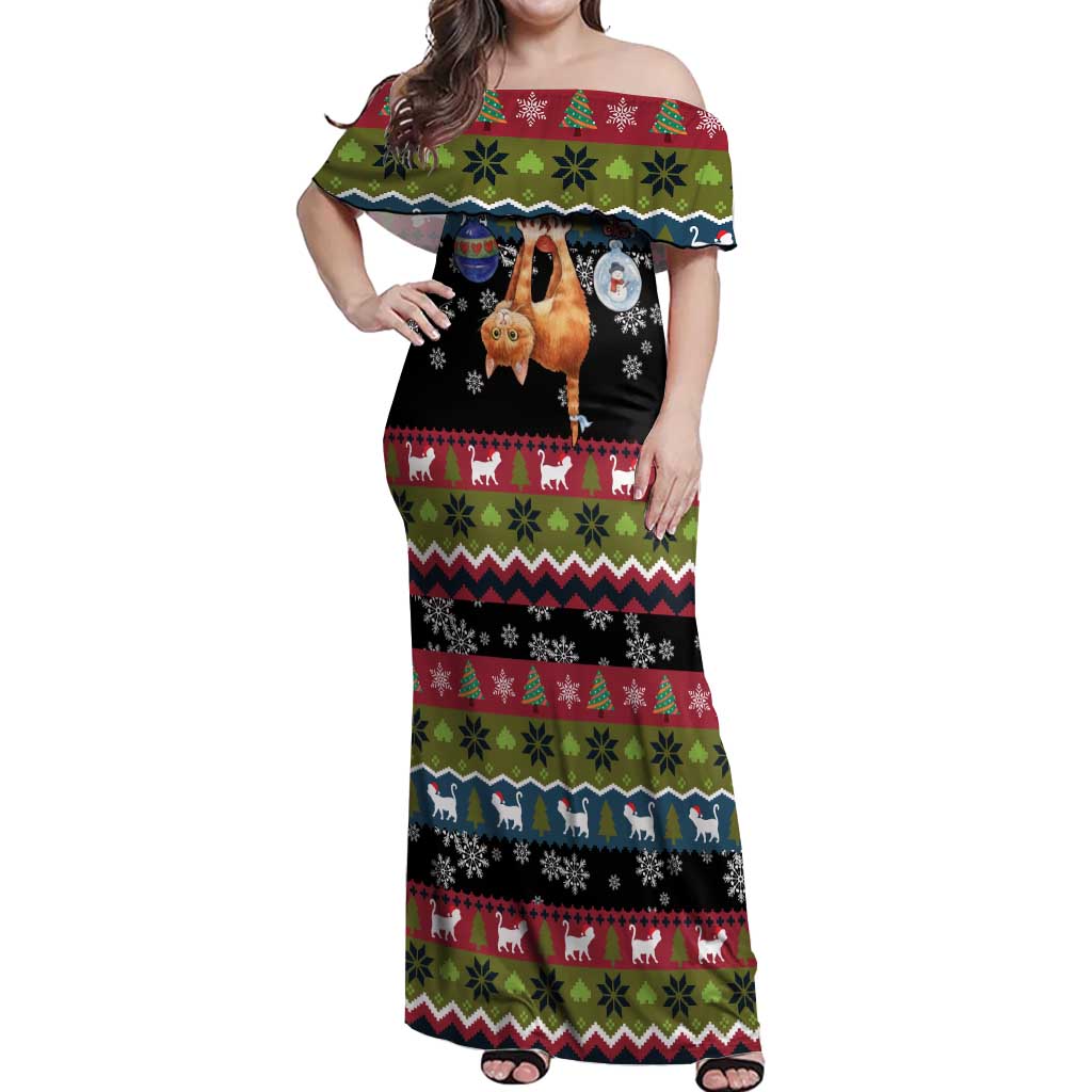 Cat Hanging on Xmas Tree Christmas Off Shoulder Maxi Dress Xmas Holiday Patterns - Wonder Print Shop