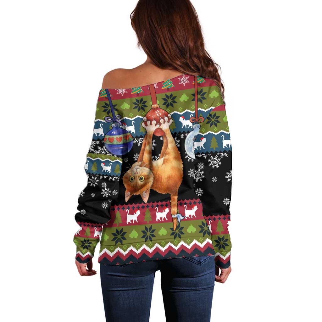 Cat Hanging on Xmas Tree Christmas Off Shoulder Sweater Xmas Holiday Patterns - Wonder Print Shop