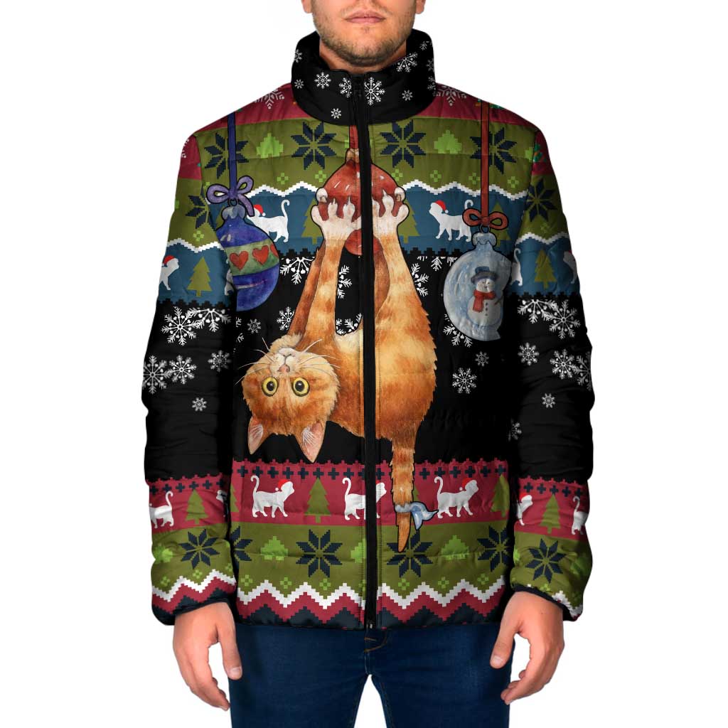 Cat Hanging on Xmas Tree Christmas Padded Jacket Xmas Holiday Patterns - Wonder Print Shop