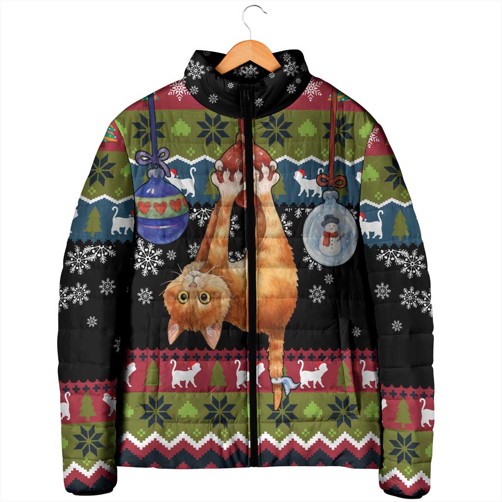 Cat Hanging on Xmas Tree Christmas Padded Jacket Xmas Holiday Patterns - Wonder Print Shop
