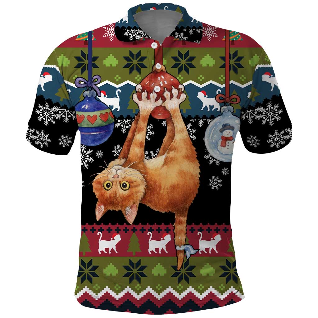 Cat Hanging on Xmas Tree Christmas Polo Shirt Xmas Holiday Patterns - Wonder Print Shop