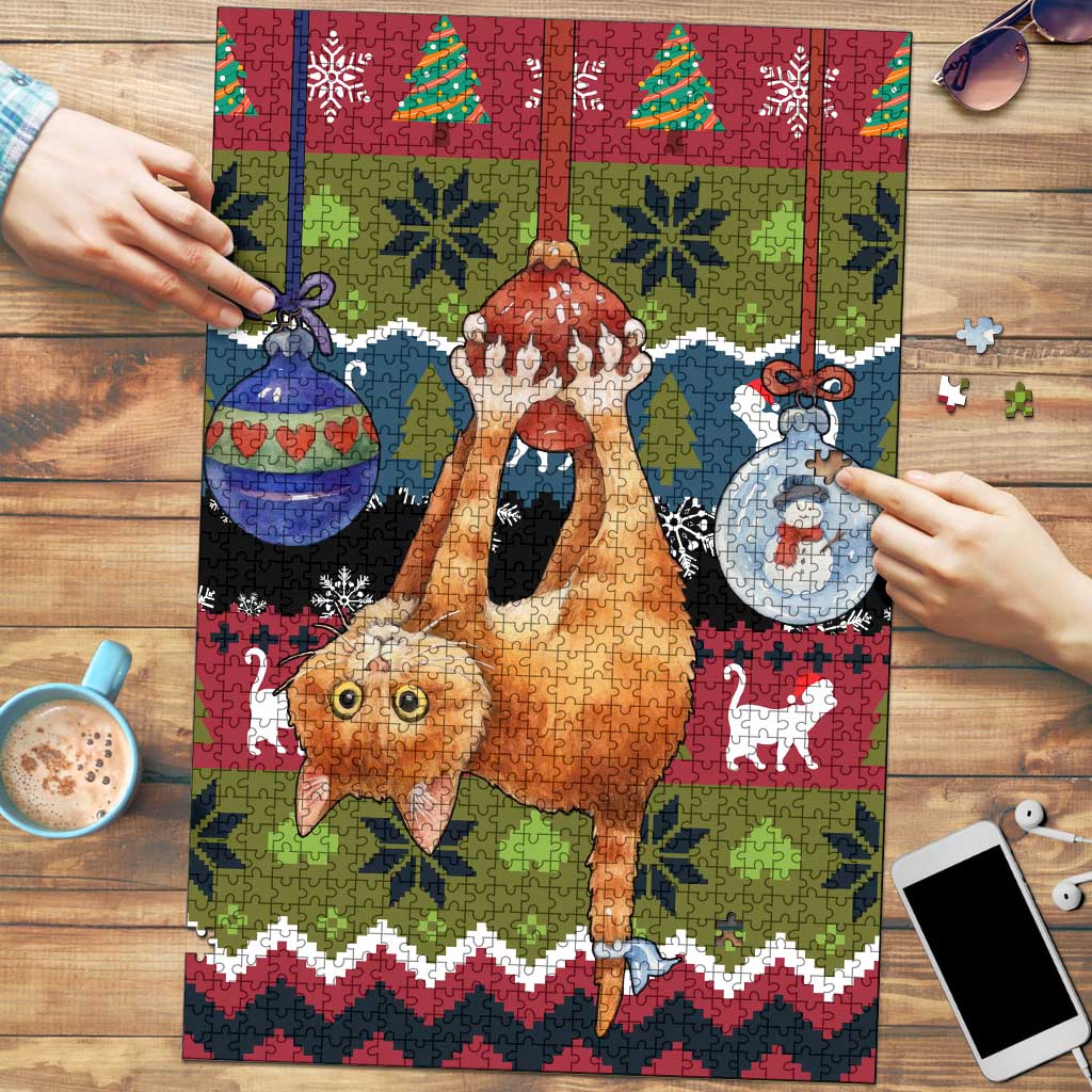 Cat Hanging on Xmas Tree Christmas Puzzle Xmas Holiday Patterns - Wonder Print Shop