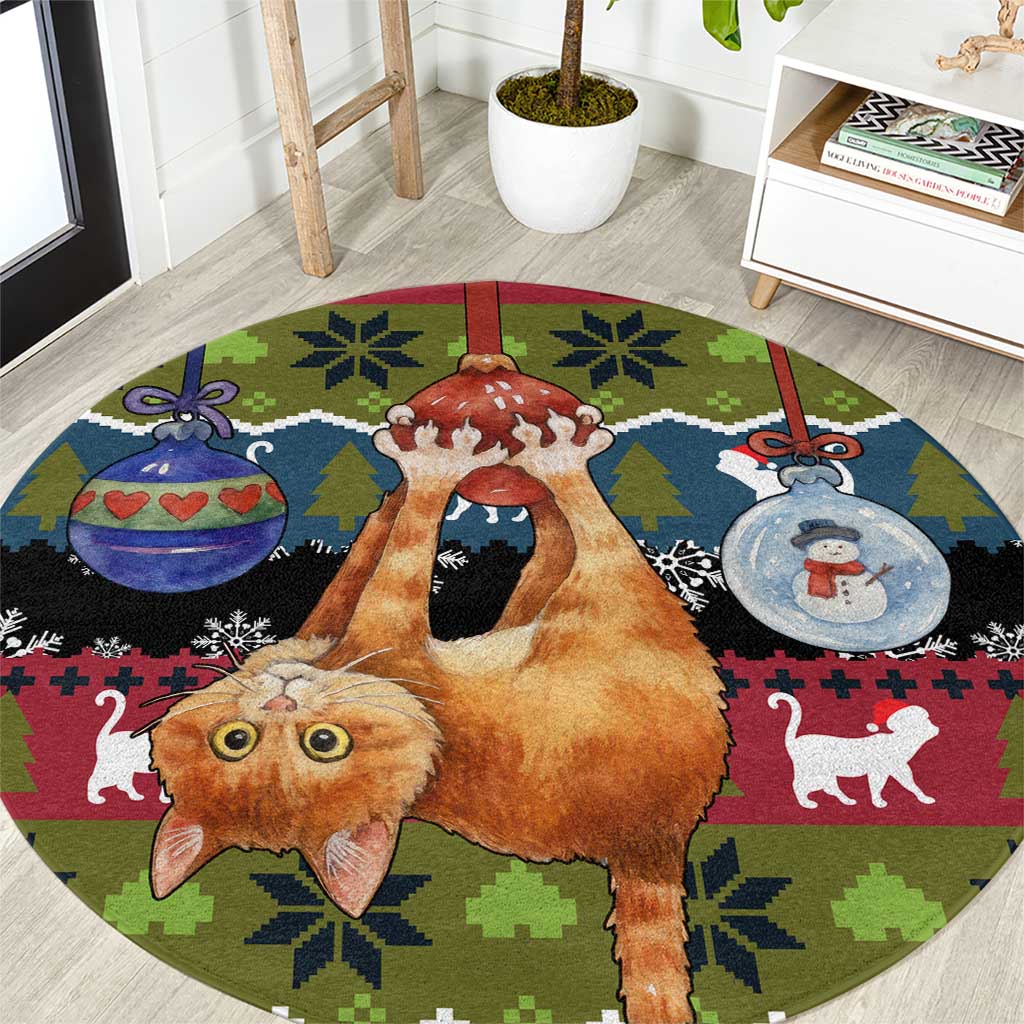 Cat Hanging on Xmas Tree Christmas Round Carpet Xmas Holiday Patterns - Wonder Print Shop