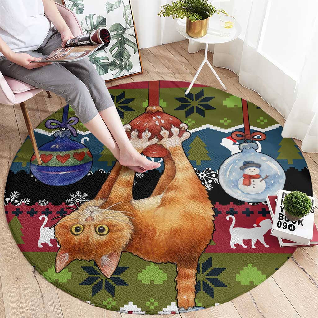 Cat Hanging on Xmas Tree Christmas Round Carpet Xmas Holiday Patterns - Wonder Print Shop