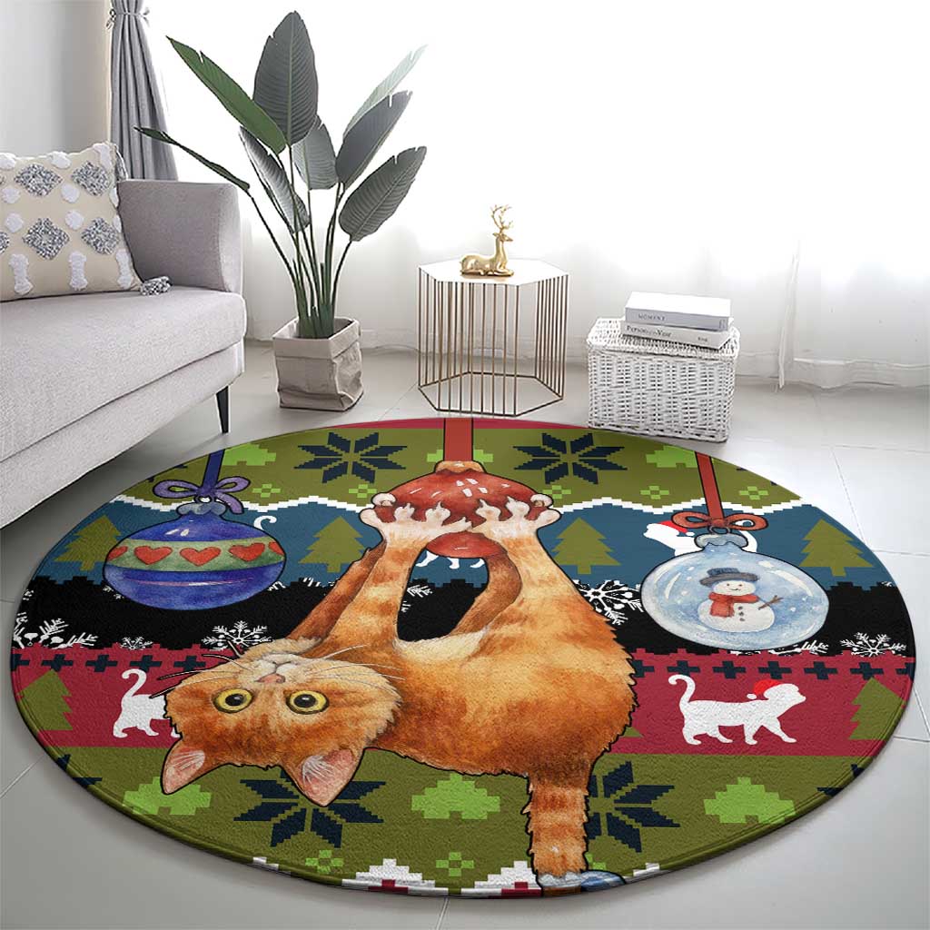 Cat Hanging on Xmas Tree Christmas Round Carpet Xmas Holiday Patterns - Wonder Print Shop