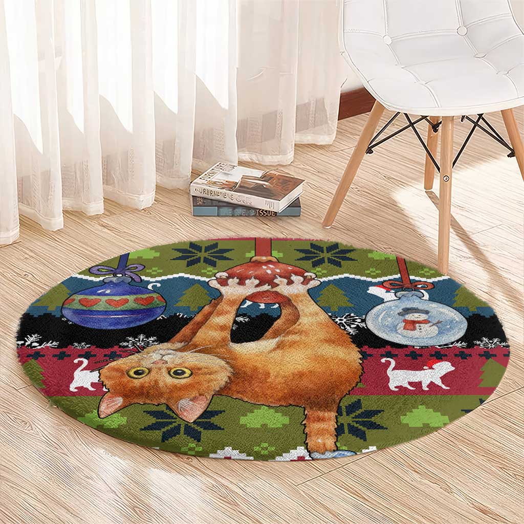 Cat Hanging on Xmas Tree Christmas Round Carpet Xmas Holiday Patterns - Wonder Print Shop
