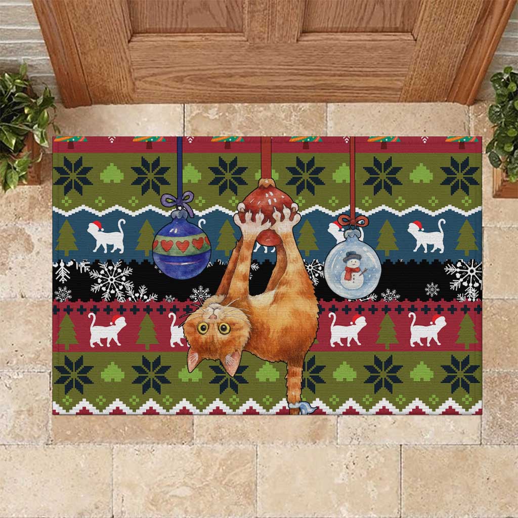 Cat Hanging on Xmas Tree Christmas Rubber Doormat Xmas Holiday Patterns - Wonder Print Shop