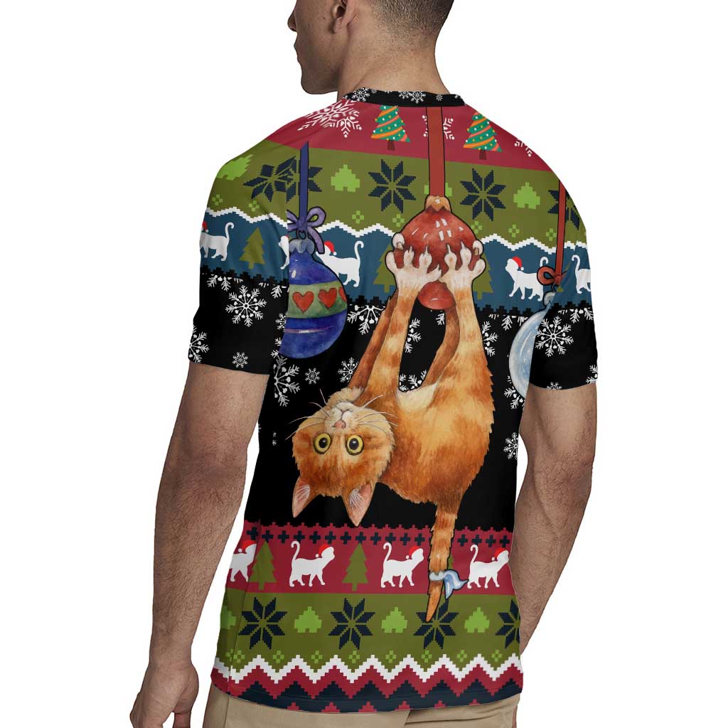 Cat Hanging on Xmas Tree Christmas Rugby Jersey Xmas Holiday Patterns - Wonder Print Shop