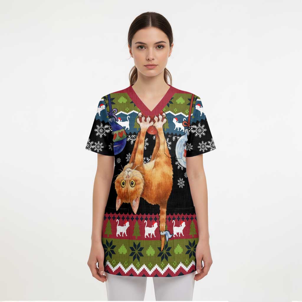 Cat Hanging on Xmas Tree Christmas Scrub Top Xmas Holiday Patterns - Wonder Print Shop