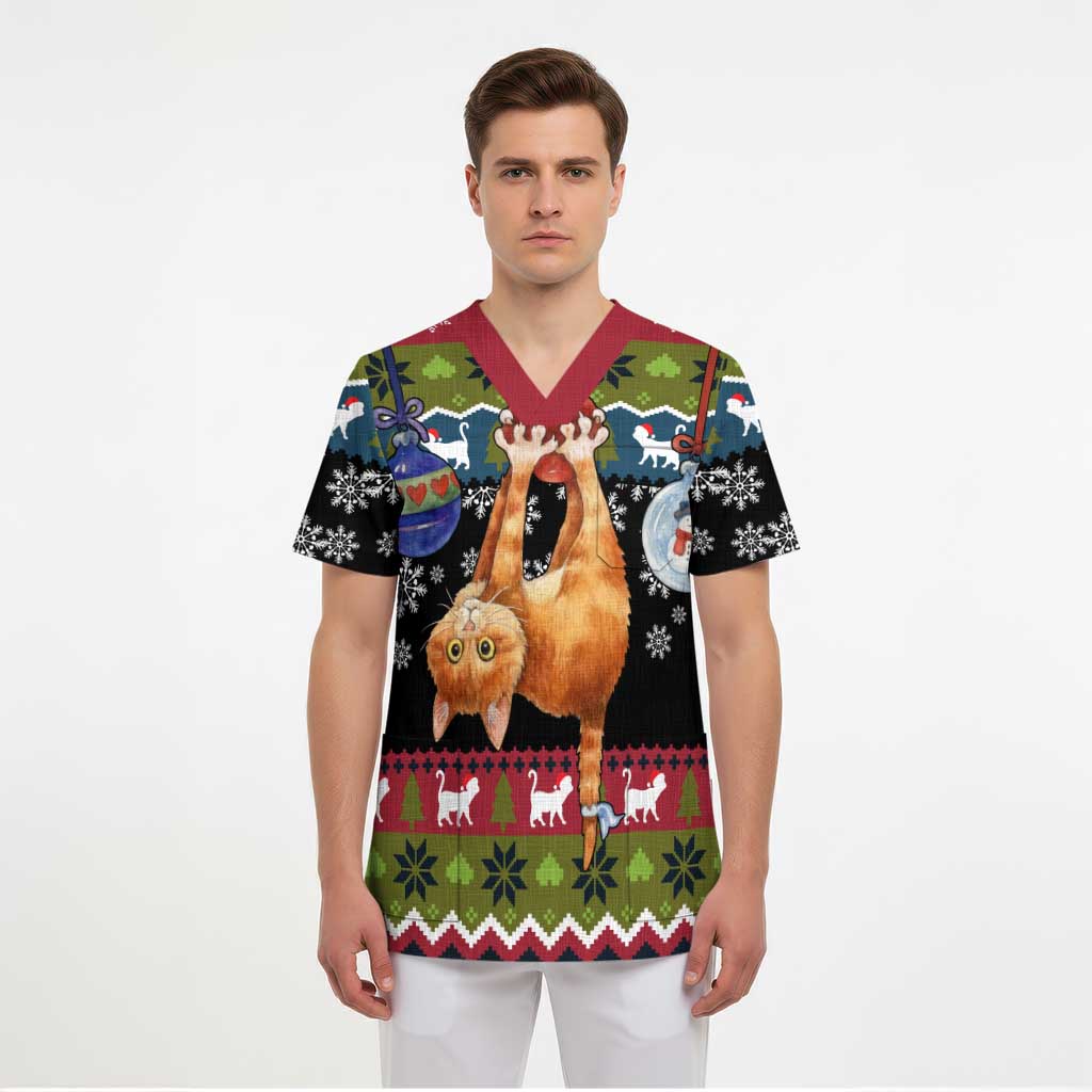 Cat Hanging on Xmas Tree Christmas Scrub Top Xmas Holiday Patterns - Wonder Print Shop