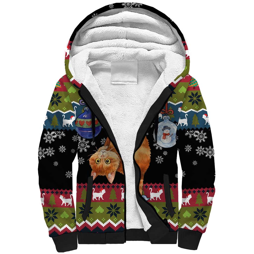 Cat Hanging on Xmas Tree Christmas Sherpa Hoodie Xmas Holiday Patterns - Wonder Print Shop