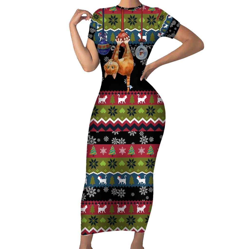 Cat Hanging on Xmas Tree Christmas Short Sleeve Bodycon Dress Xmas Holiday Patterns - Wonder Print Shop