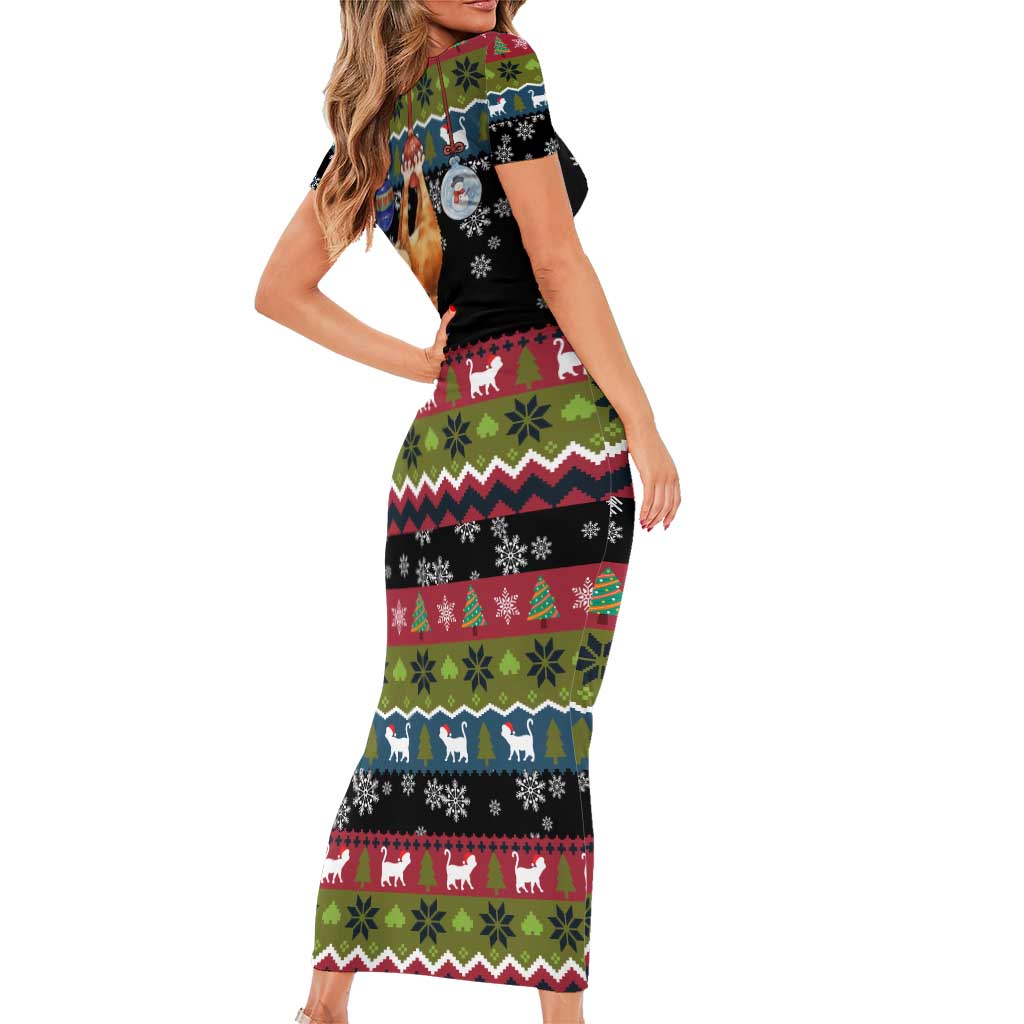 Cat Hanging on Xmas Tree Christmas Short Sleeve Bodycon Dress Xmas Holiday Patterns - Wonder Print Shop