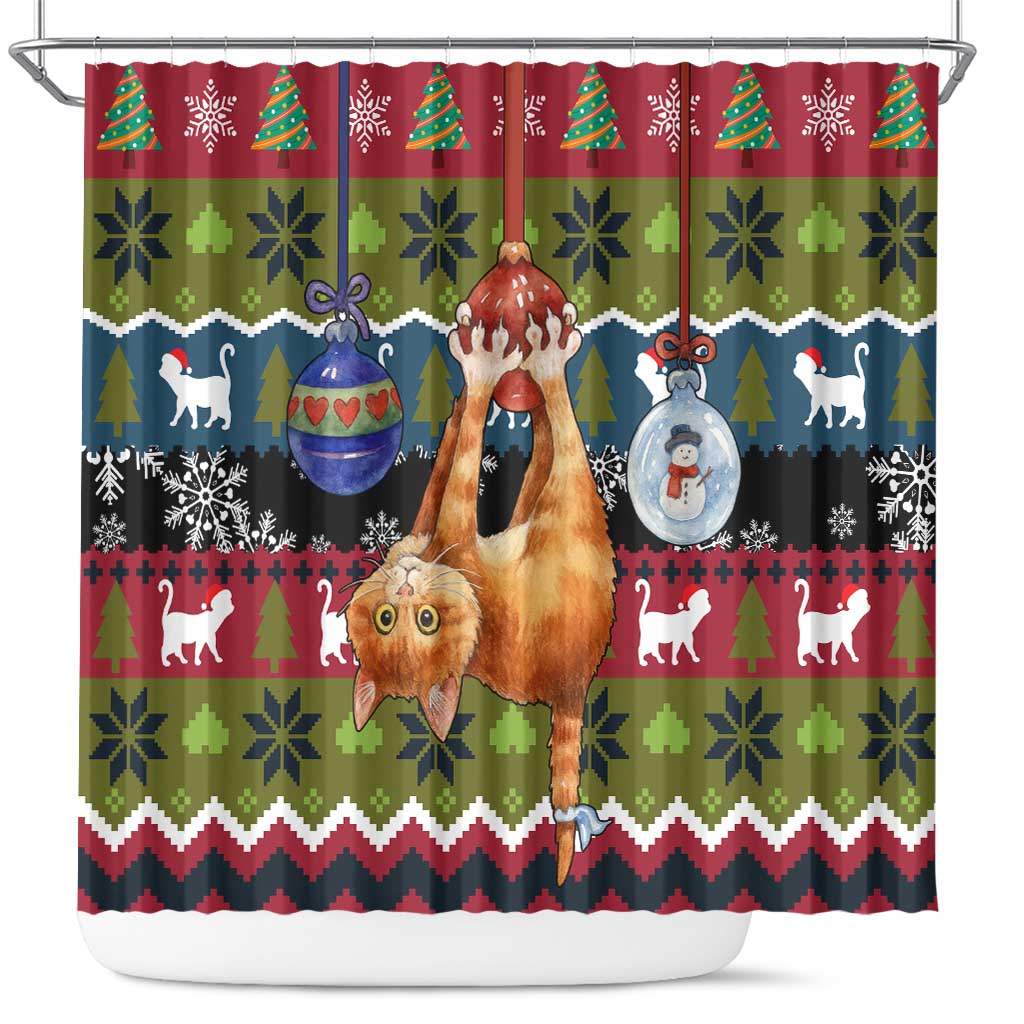 Cat Hanging on Xmas Tree Christmas Shower Curtain Xmas Holiday Patterns - Wonder Print Shop