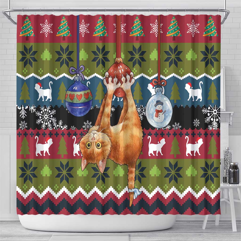 Cat Hanging on Xmas Tree Christmas Shower Curtain Xmas Holiday Patterns - Wonder Print Shop
