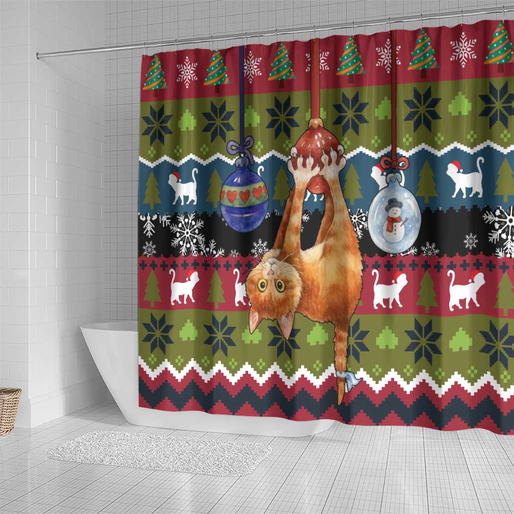 Cat Hanging on Xmas Tree Christmas Shower Curtain Xmas Holiday Patterns - Wonder Print Shop