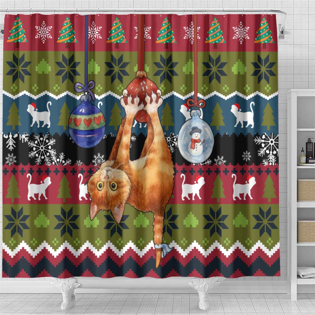 Cat Hanging on Xmas Tree Christmas Shower Curtain Xmas Holiday Patterns - Wonder Print Shop