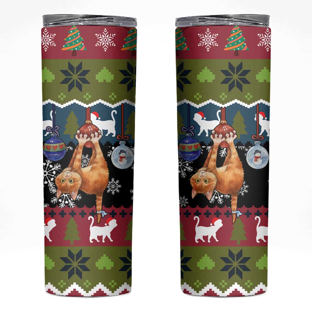Cat Hanging on Xmas Tree Christmas Skinny Tumbler Xmas Holiday Patterns - Wonder Print Shop