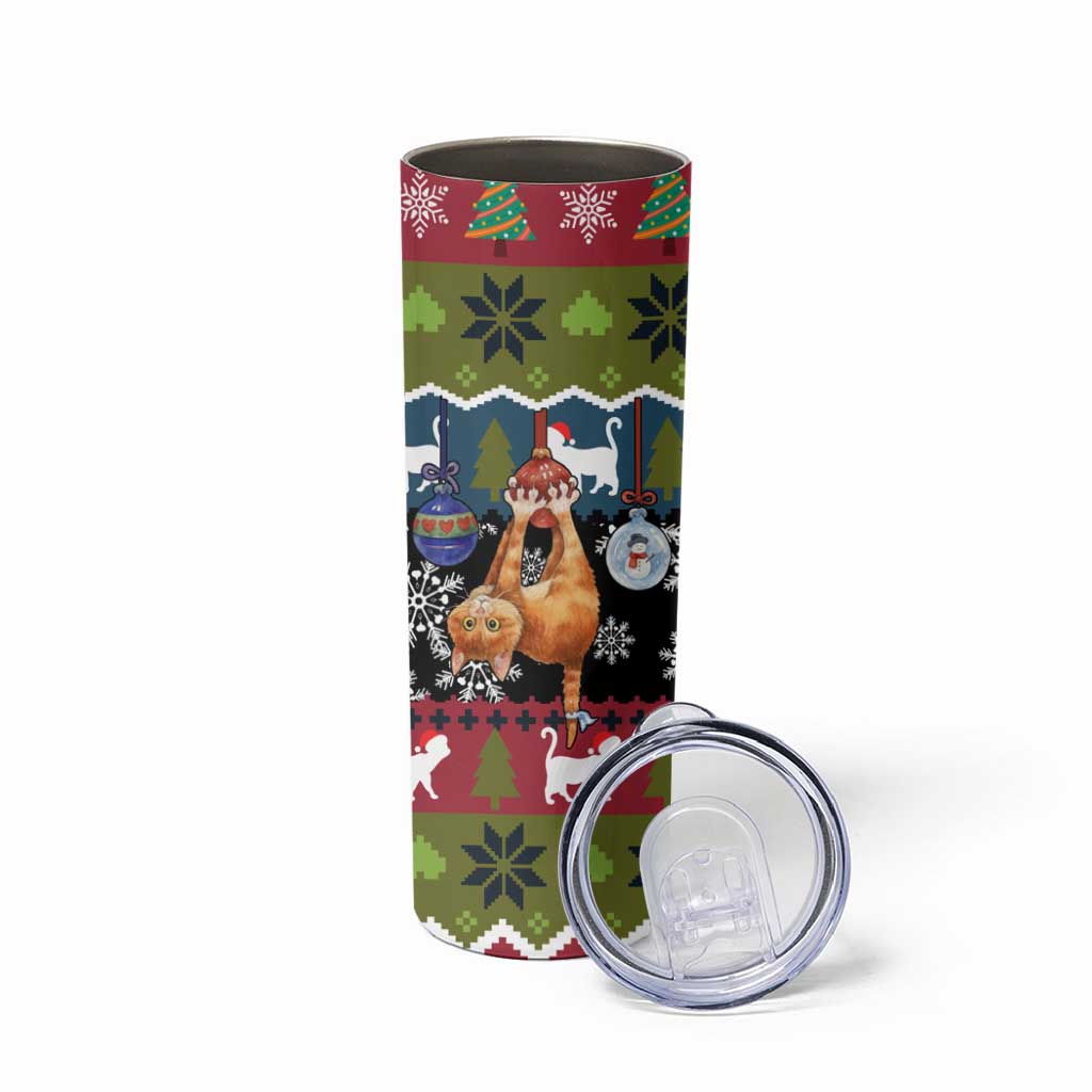 Cat Hanging on Xmas Tree Christmas Skinny Tumbler Xmas Holiday Patterns - Wonder Print Shop