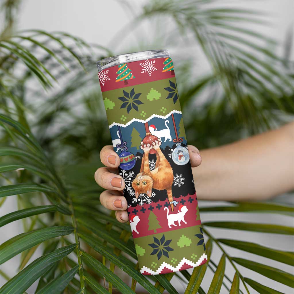 Cat Hanging on Xmas Tree Christmas Skinny Tumbler Xmas Holiday Patterns - Wonder Print Shop