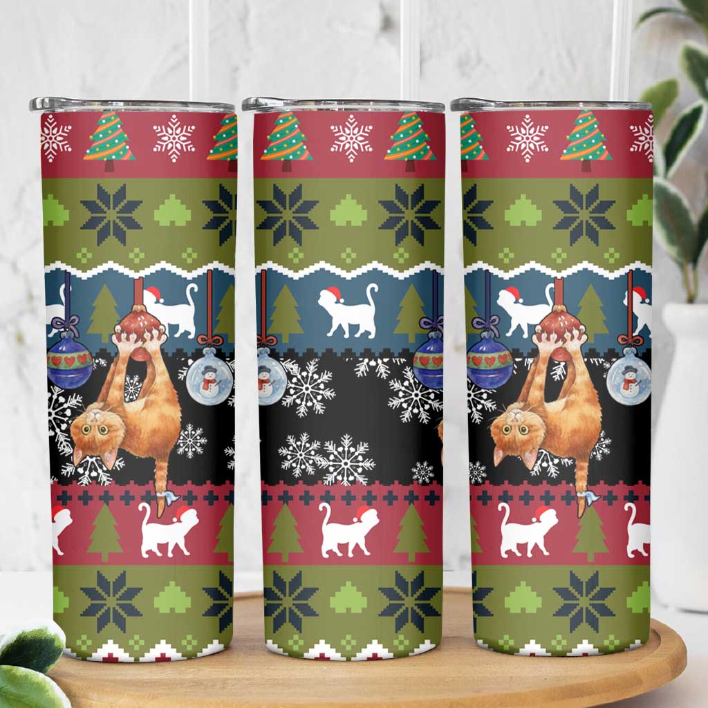 Cat Hanging on Xmas Tree Christmas Skinny Tumbler Xmas Holiday Patterns - Wonder Print Shop